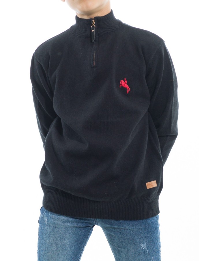 Pull Col Zippé Rayé Noir Et Gris XG - Taille L Ado Garçon (14-16) - 100% Coton