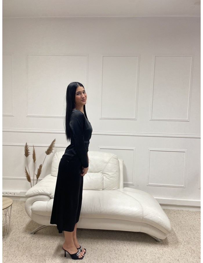ROBE EN SATIN LONGUE UNE MANCHE NOIR FEMME - FEMME