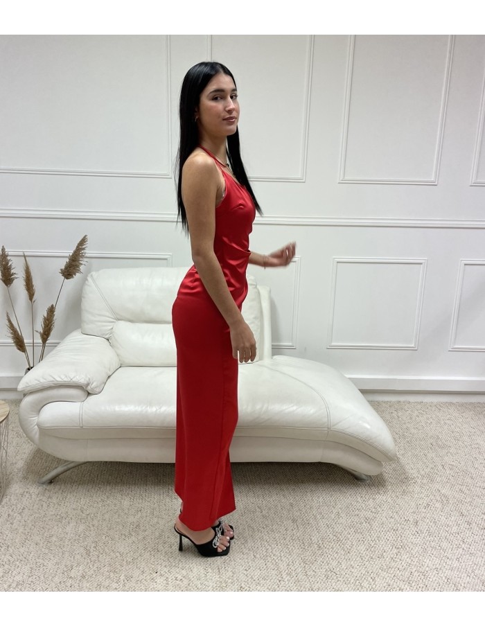 ROBE LONGUE EN SATIN DOS NU ROUGE FEMME - FEMME