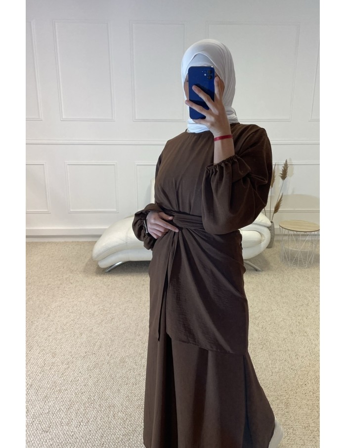 ABAYA AVEC PARÉO À NOUÉ INTÉGRÉ FEMME MARRON MASTOUR - MASTOUR