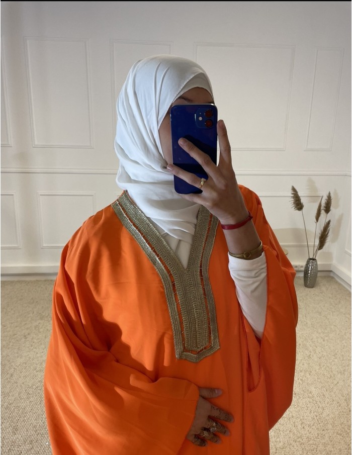 ABAYA MANCHE LONGUE AVEC BRODERIE FEMME ORANGE MASTOUR - MASTOUR