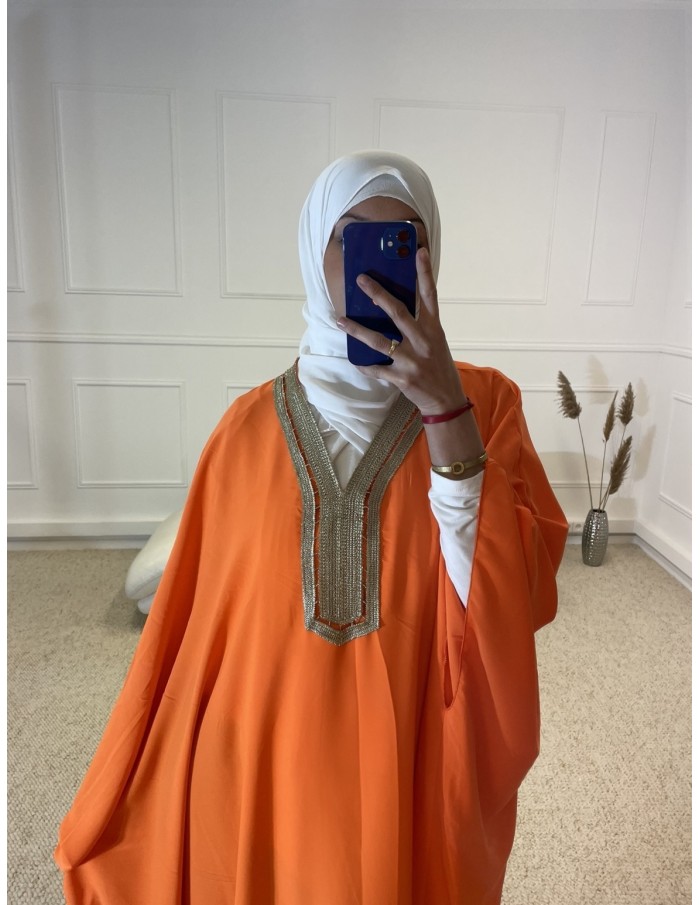 ABAYA MANCHE LONGUE AVEC BRODERIE FEMME ORANGE MASTOUR - MASTOUR