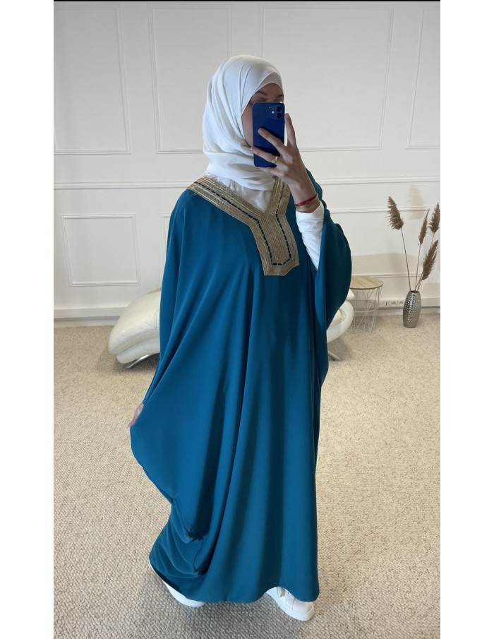 ABAYA MANCHE LONGUE AVEC BRODERIE FEMME BLEU MASTOUR - MASTOUR