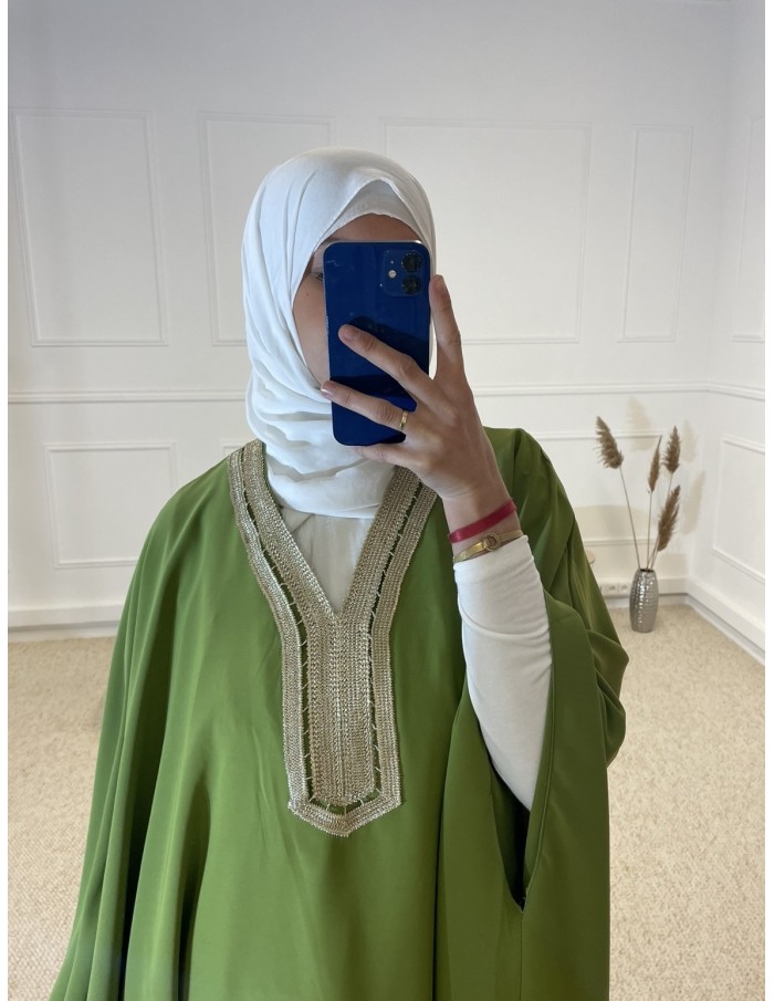 ABAYA MANCHE LONGUE AVEC BRODERIE FEMME VERT POMME MASTOUR - MASTOUR