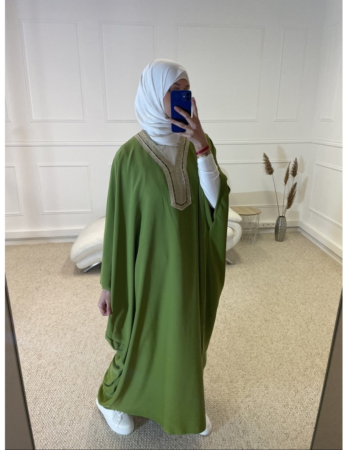 ABAYA MANCHE LONGUE AVEC BRODERIE FEMME VERT POMME MASTOUR - MASTOUR