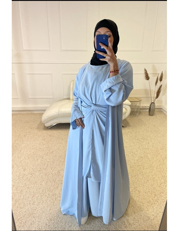 ABAYA KIMONO 3 PIÈCES FEMME BLEU CLAIR MASTOUR - MASTOUR