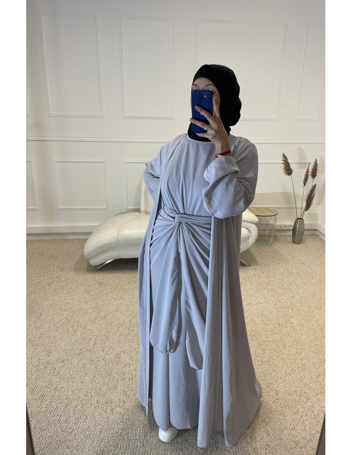 ABAYA KIMONO 3 PIÈCES FEMME GRIS CLAIR MASTOUR - MASTOUR