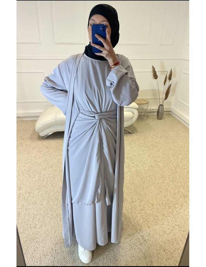 ABAYA KIMONO 3 PIÈCES FEMME GRIS CLAIR MASTOUR - MASTOUR