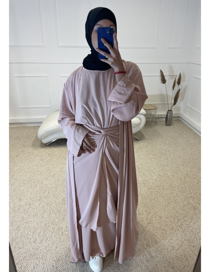 ABAYA KIMONO 3 PIÈCES FEMME ROSE PALE - MASTOUR