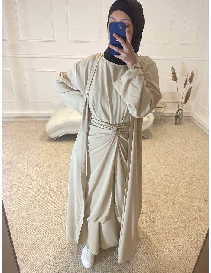 ABAYA KIMONO 3 PIÈCES FEMME BEIGE - MASTOUR