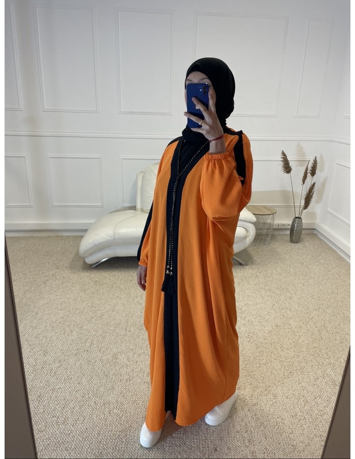 ABAYA LONGUE À BANDE FEMME ORANGE - MASTOUR