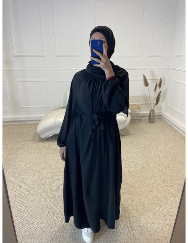 ABAYA LONGUE COL ROND CINTRÉ FEMME NOIR