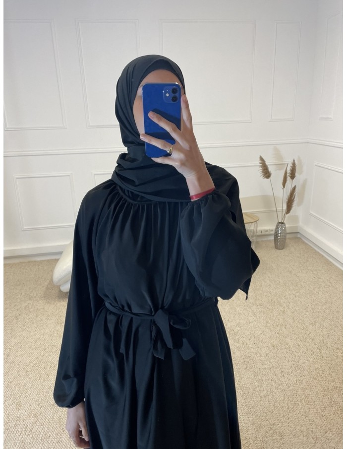 ABAYA LONGUE COL ROND CINTRÉ FEMME NOIR - MASTOUR