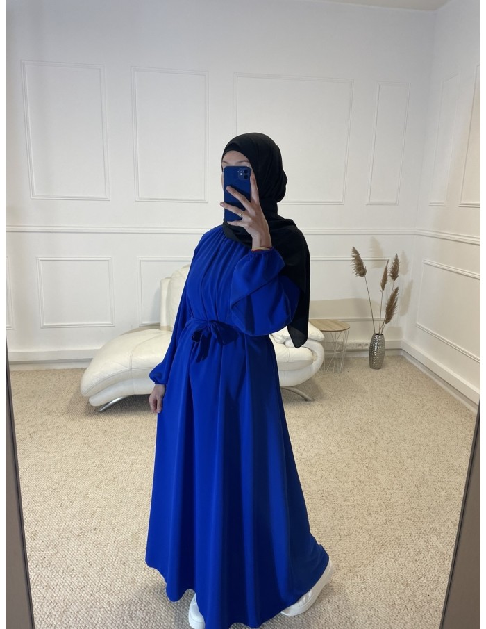ABAYA LONGUE COL ROND CINTRÉ FEMME BLEU ROI - MASTOUR