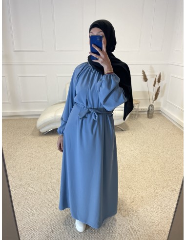 ABAYA LONGUE COL ROND CINTRÉ FEMME BLEU