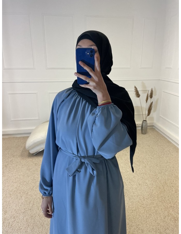 ABAYA LONGUE COL ROND CINTRÉ FEMME BLEU - MASTOUR