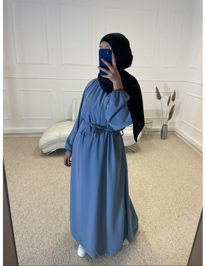 ABAYA LONGUE COL ROND CINTRÉ FEMME BLEU - MASTOUR