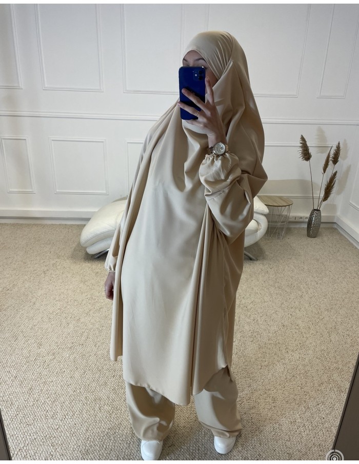 ENSEMBLE 2 PIÈCES JILBEB+PANTALON FEMME BEIGE - MASTOUR