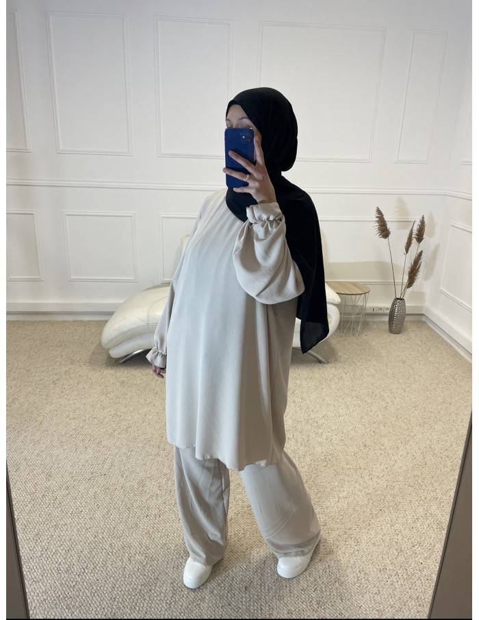 ENSEMBLE HAUT + PANTALON FLUIDE FEMME BEIGE - MASTOUR