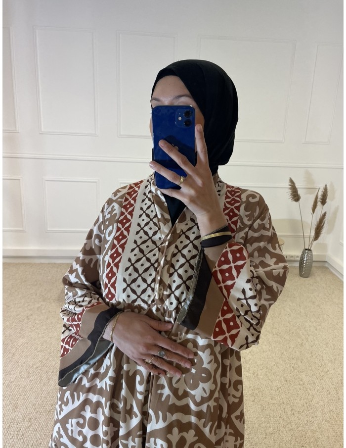 ABAYA IMPRIMÉ LONGUE TRICOLORE FEMME CAMEL - MASTOUR
