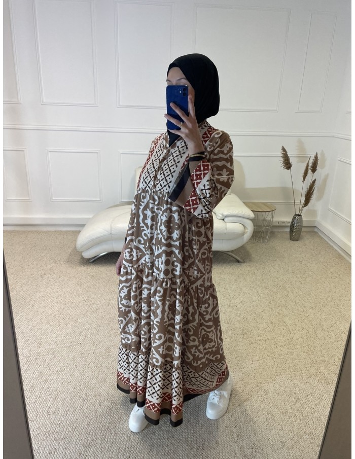 ABAYA IMPRIMÉ LONGUE TRICOLORE FEMME CAMEL - MASTOUR