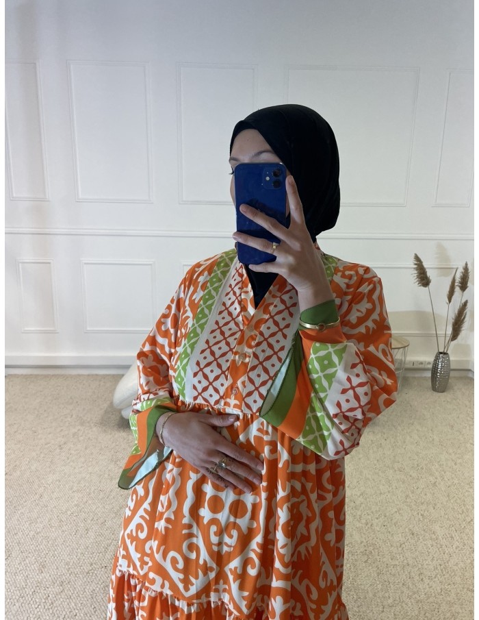 ABAYA IMPRIMÉ LONGUE TRICOLORE FEMME ORANGE - MASTOUR