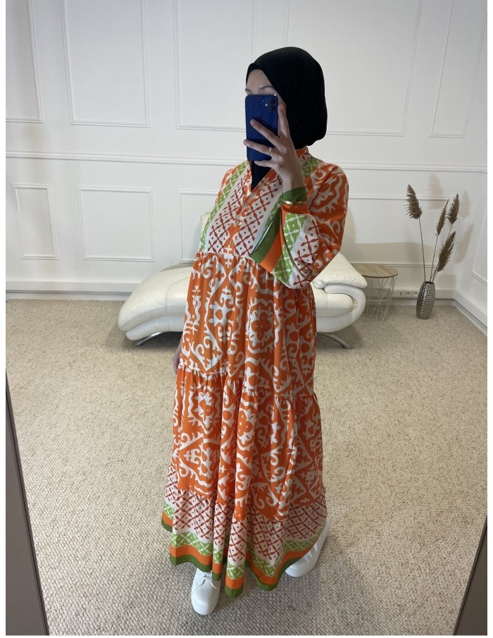 ABAYA IMPRIMÉ LONGUE TRICOLORE FEMME ORANGE - MASTOUR