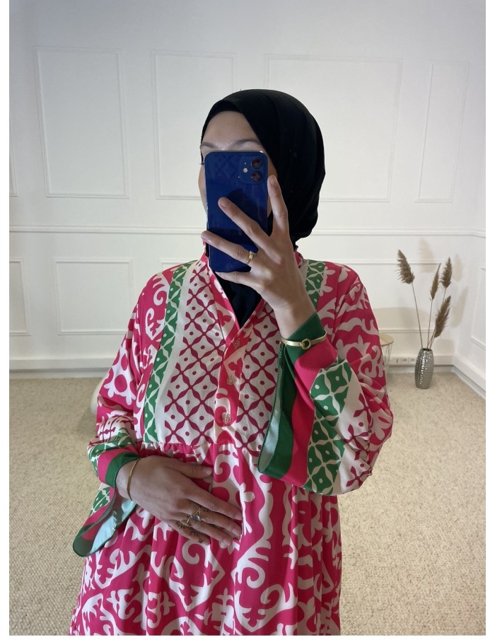 ABAYA IMPRIMÉ LONGUE TRICOLORE FEMME ROSE - MASTOUR