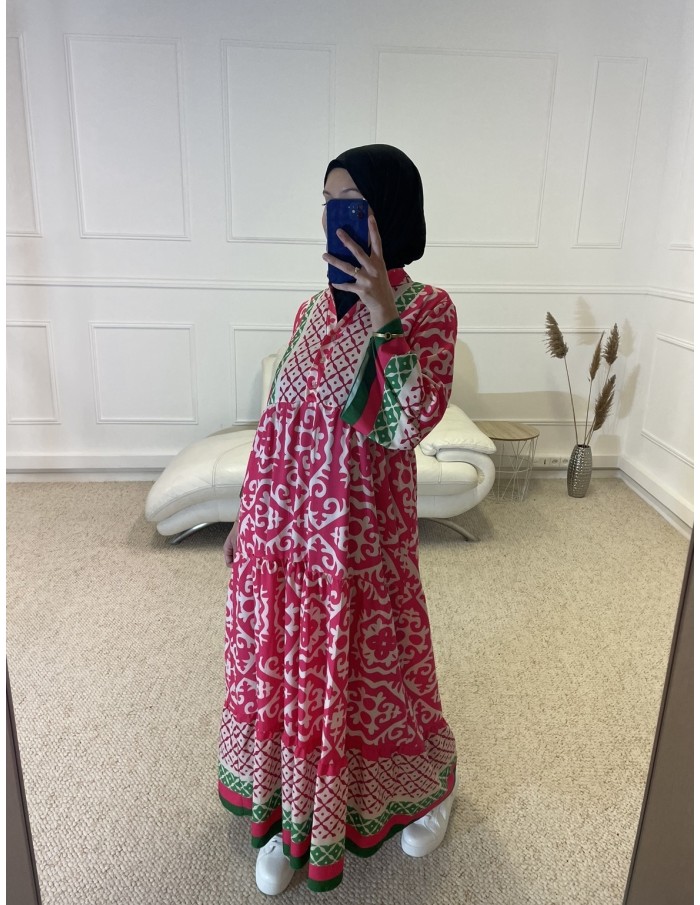 ABAYA IMPRIMÉ LONGUE TRICOLORE FEMME ROSE - MASTOUR