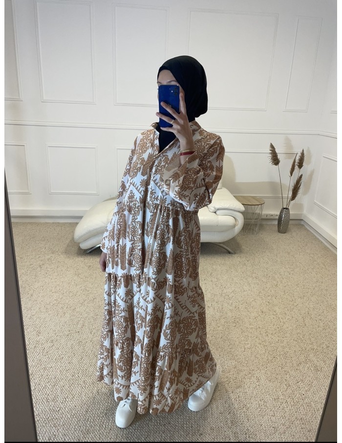 ABAYA IMPRIMÉ FLEURIE FEMME CAMEL - MASTOUR