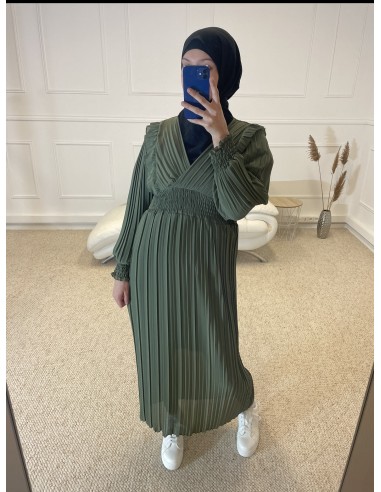 ROBE FLUIDE PLISSÉ LONGUE FEMME KAKI