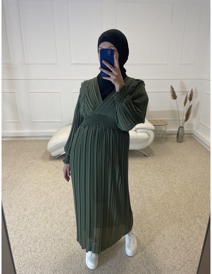 ROBE FLUIDE PLISSÉ LONGUE FEMME KAKI - MASTOUR