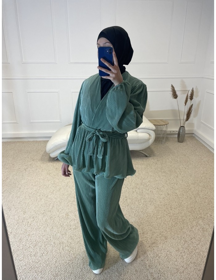 ENSEMBLE CHEMISIER + PANTALON SATIN FEMME VERT - MASTOUR