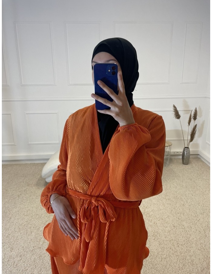 ENSEMBLE CHEMISIER + PANTALON SATIN FEMME ORANGE - MASTOUR