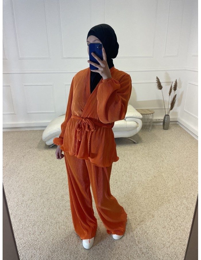 ENSEMBLE CHEMISIER + PANTALON SATIN FEMME ORANGE - MASTOUR