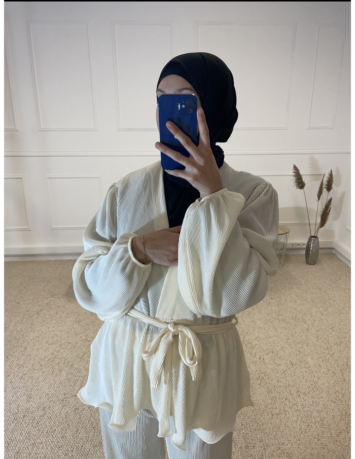 ENSEMBLE CHEMISIER + PANTALON SATIN FEMME BLANC - MASTOUR