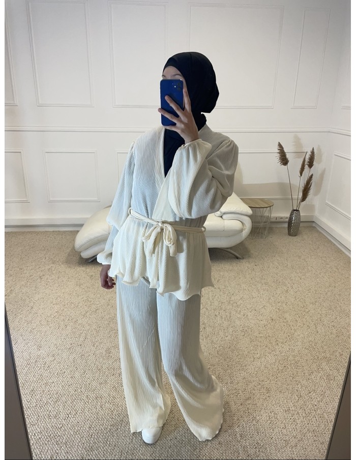 ENSEMBLE CHEMISIER + PANTALON SATIN FEMME BLANC - MASTOUR