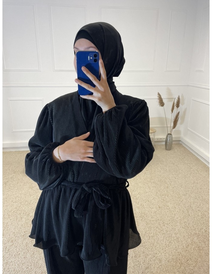ENSEMBLE CHEMISIER + PANTALON SATIN FEMME NOIR - MASTOUR