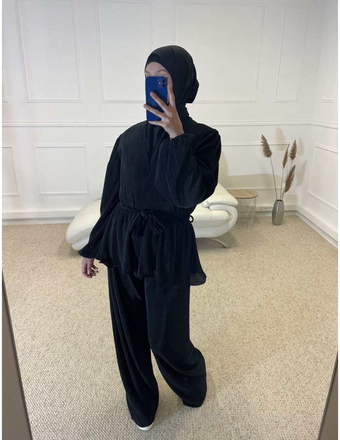 ENSEMBLE CHEMISIER + PANTALON SATIN FEMME NOIR - MASTOUR