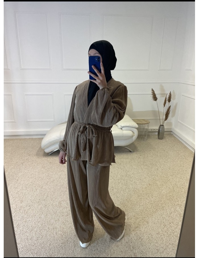 ENSEMBLE CHEMISIER + PANTALON SATIN FEMME TAUPE - MASTOUR