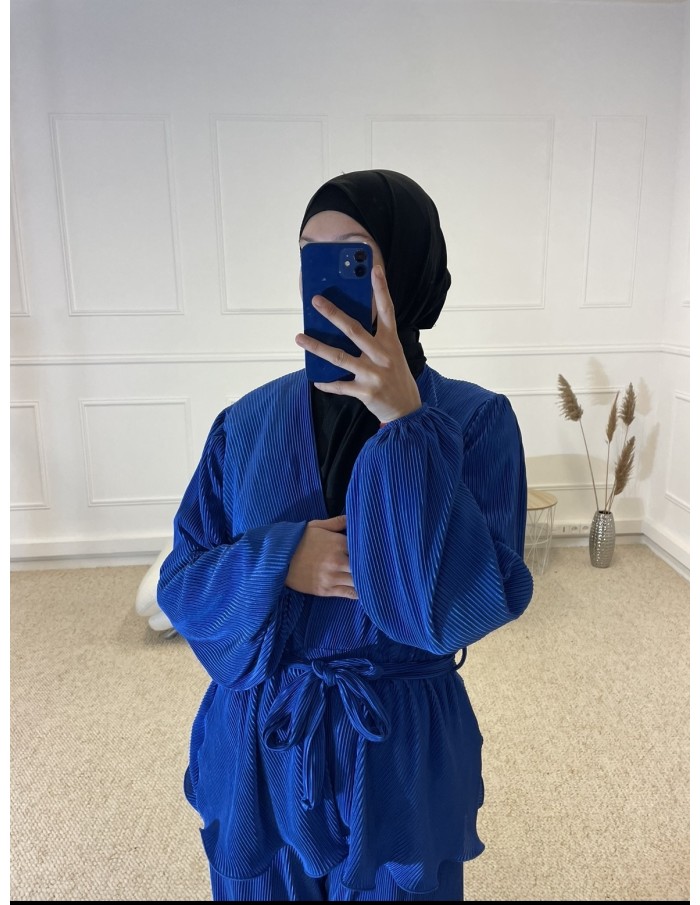 ENSEMBLE CHEMISIER + PANTALON SATIN FEMME BLEU MARINE - MASTOUR