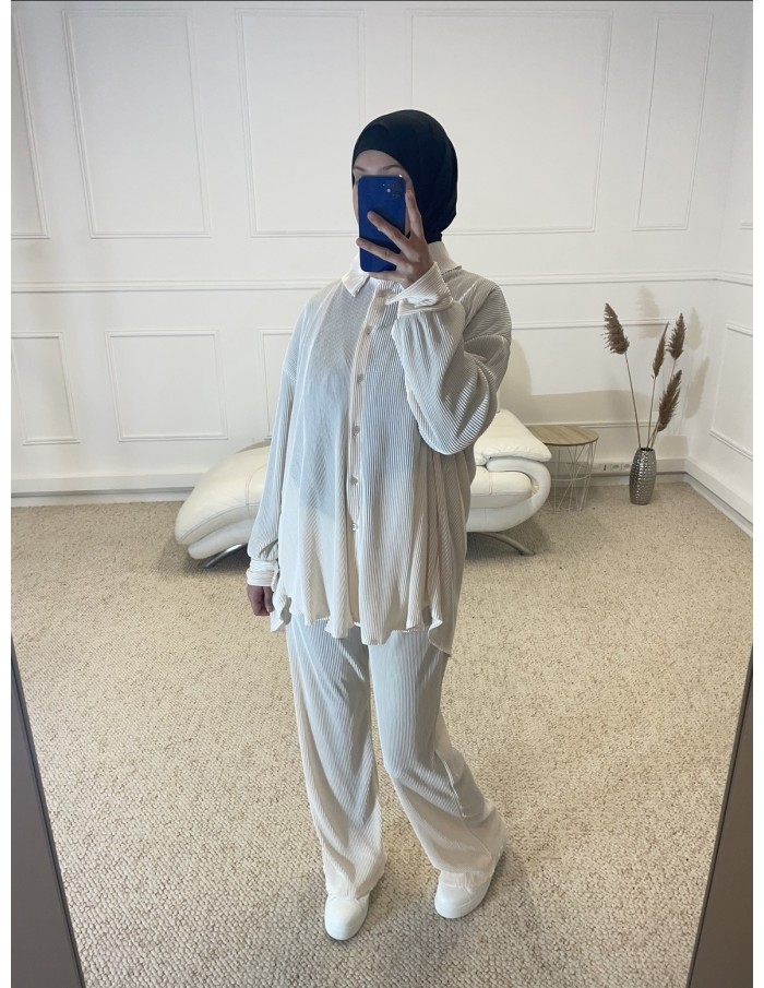 ENSEMBLE 2 PIÈCES EN SATIN PLISSÉ FEMME BLANC - MASTOUR