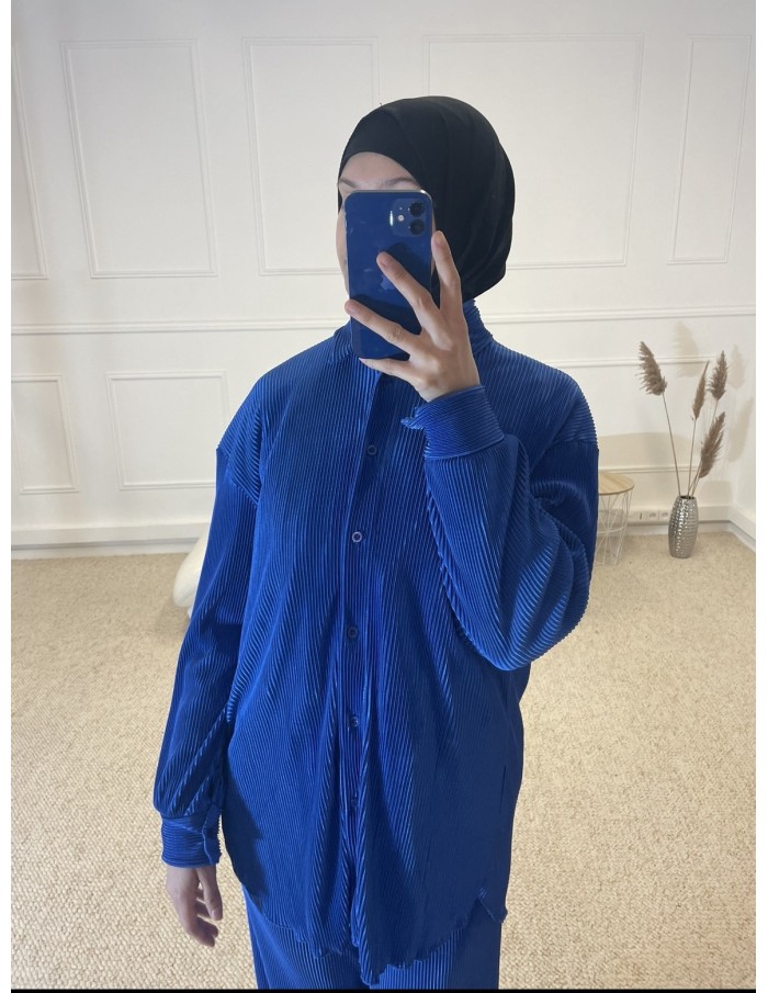 ENSEMBLE 2 PIÈCES EN SATIN PLISSÉ FEMME BLEU MARINE - MASTOUR