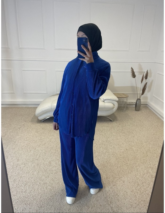 ENSEMBLE 2 PIÈCES EN SATIN PLISSÉ FEMME BLEU MARINE - MASTOUR