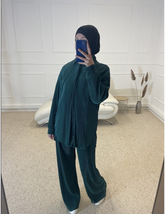 ENSEMBLE 2 PIÈCES EN SATIN PLISSÉ FEMME VERT - MASTOUR