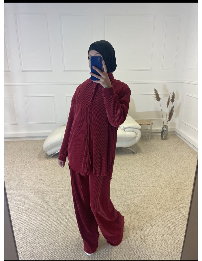 ENSEMBLE 2 PIÈCES EN SATIN PLISSÉ FEMME ROUGE - MASTOUR
