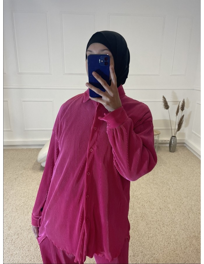 ENSEMBLE 2 PIÈCES EN SATIN PLISSÉ FEMME ROSE FUSHIA - MASTOUR