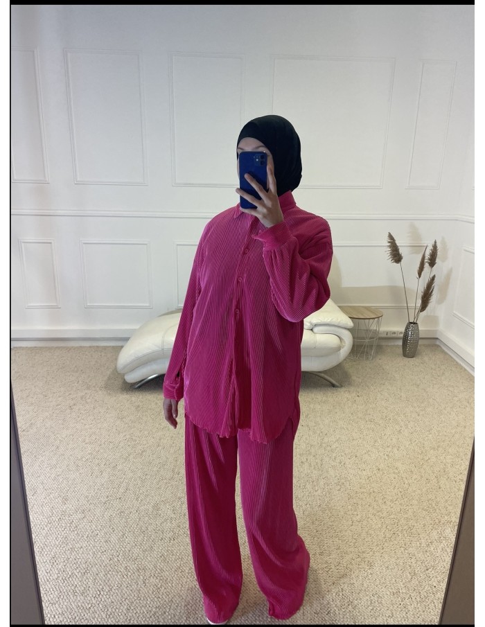 ENSEMBLE 2 PIÈCES EN SATIN PLISSÉ FEMME ROSE FUSHIA - MASTOUR