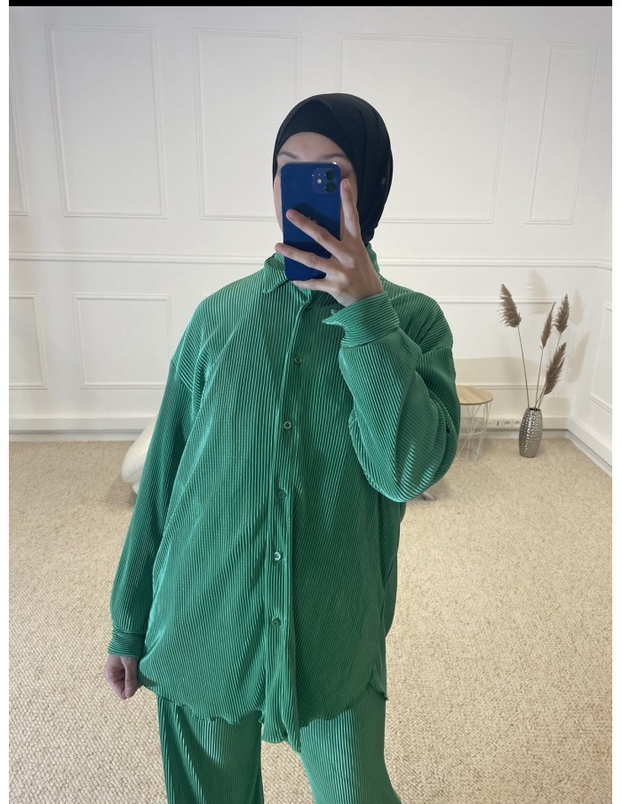 ENSEMBLE 2 PIÈCES EN SATIN PLISSÉ FEMME VERT - MASTOUR