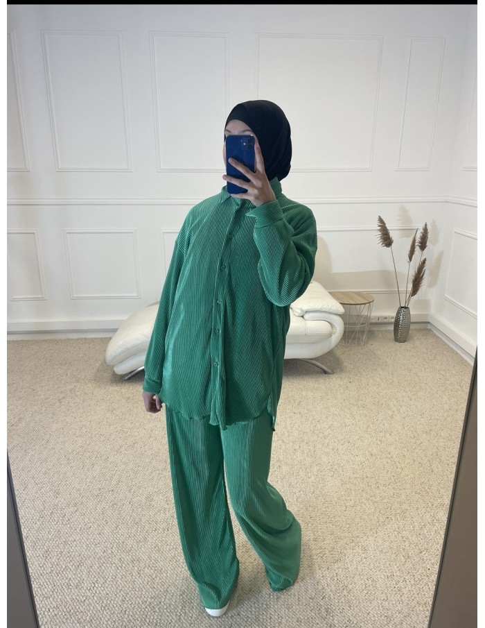 ENSEMBLE 2 PIÈCES EN SATIN PLISSÉ FEMME VERT - MASTOUR